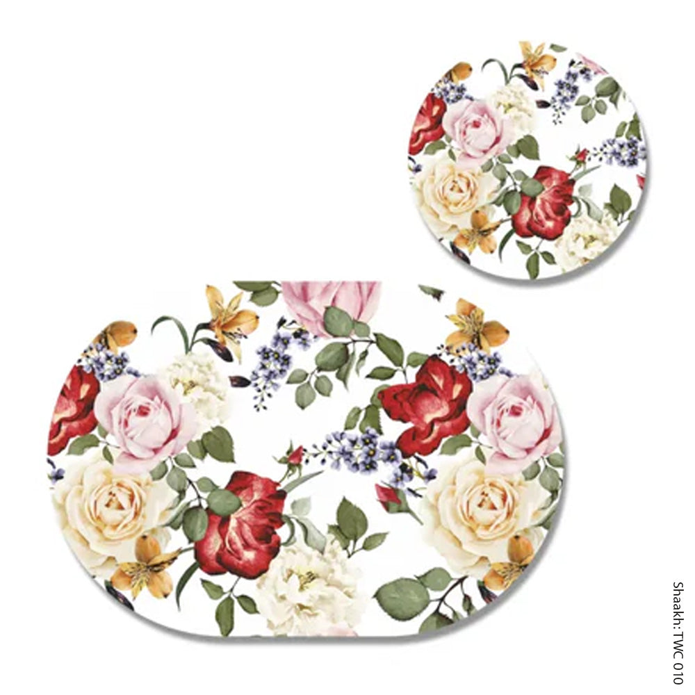 Pink and red roses Coordinated Mats & Trivets Set | TWC 010 (8 Mats, 4 Trivets)