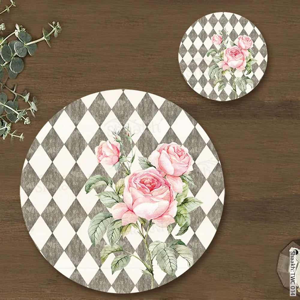 Pink Roses on Vintage Background Coordinated Mats & Trivets Set | TWC 014 (8 Mats, 4 Trivets)