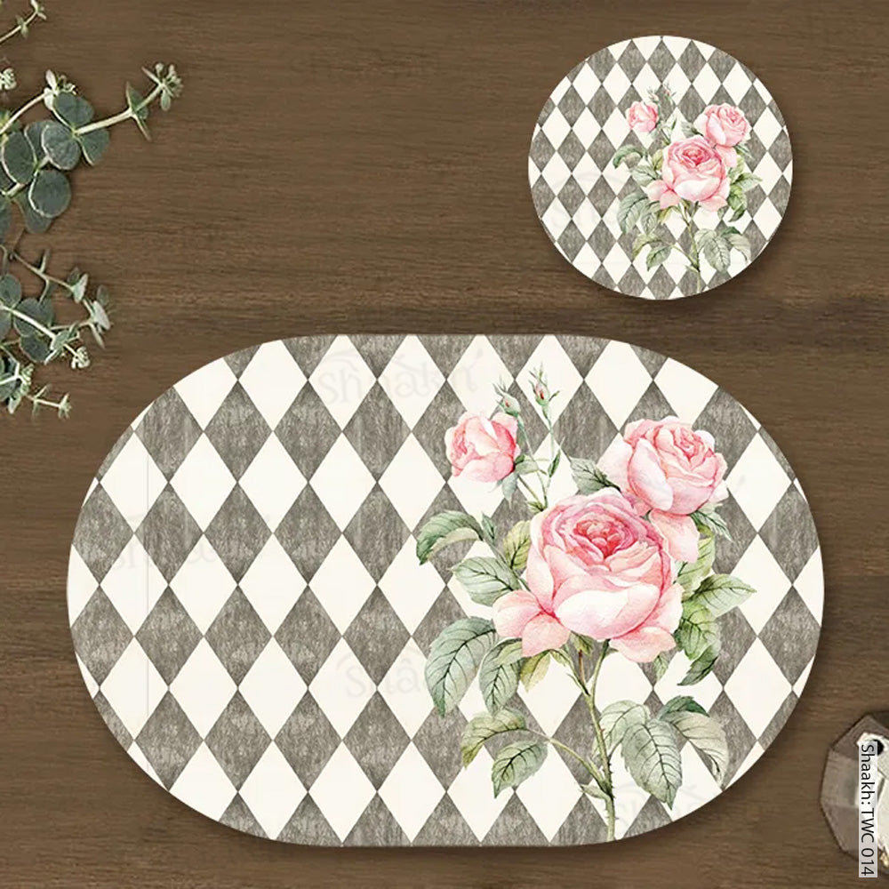 Pink Roses on Vintage Background Coordinated Mats & Trivets Set | TWC 014 (8 Mats, 4 Trivets)