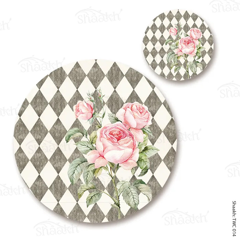 Pink Roses on Vintage Background Coordinated Mats & Trivets Set | TWC 014 (8 Mats, 4 Trivets)