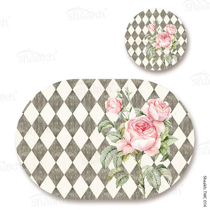 Pink Roses on Vintage Background Coordinated Mats & Trivets Set | TWC 014 (8 Mats, 4 Trivets)