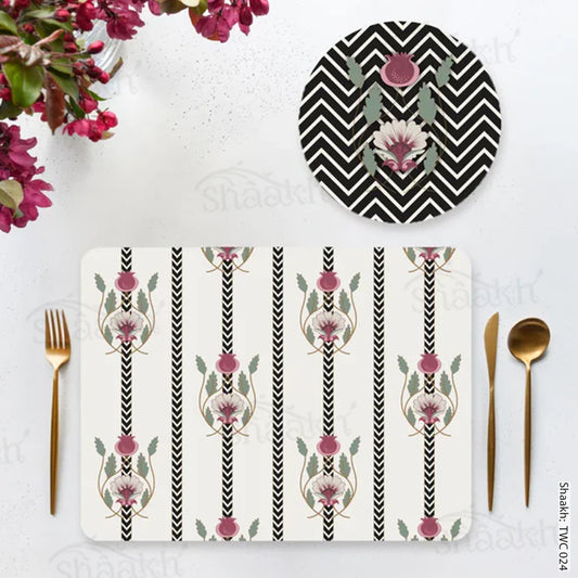 Indian motifs and chevron on textured background Coordinated Mats & Trivets Set | TWC 024 ( 8 Mats, 4 Trivets )
