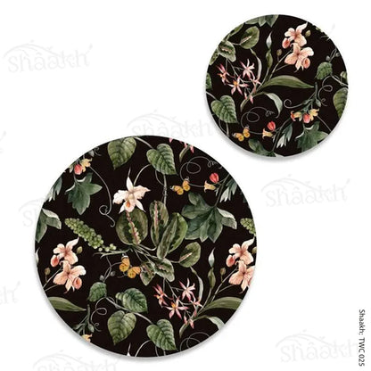 Exotic tropical orchids and green leaves (Black) Coordinated Mats & Trivets Set | TWC 025 ( 8 Mats, 4 Trivets )