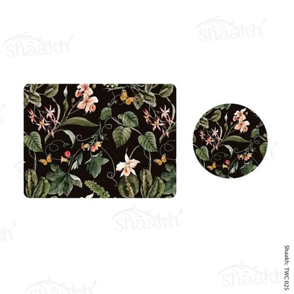 Exotic tropical orchids and green leaves (Black) Coordinated Mats & Trivets Set | TWC 025 ( 8 Mats, 4 Trivets )