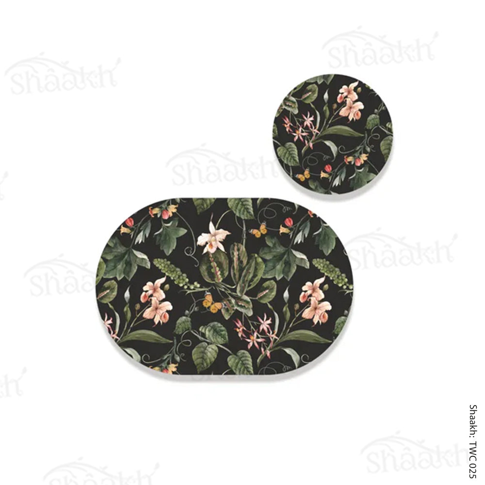 Exotic tropical orchids and green leaves (Black) Coordinated Mats & Trivets Set | TWC 025 ( 8 Mats, 4 Trivets )