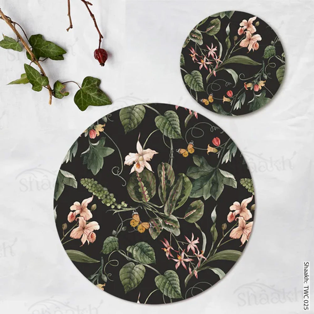 Exotic tropical orchids and green leaves (Black) Coordinated Mats & Trivets Set | TWC 025 ( 8 Mats, 4 Trivets )