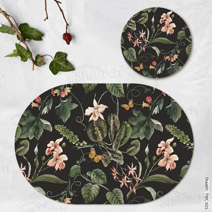 Exotic tropical orchids and green leaves (Black) Coordinated Mats & Trivets Set | TWC 025 ( 8 Mats, 4 Trivets )