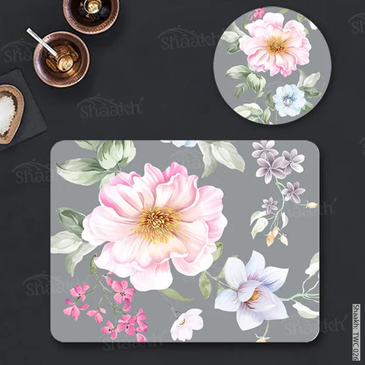 Watercolor Flowers, leaves and buds Coordinated Mats & Trivets Set | TWC 026 ( 8 Mats, 4 Trivets )