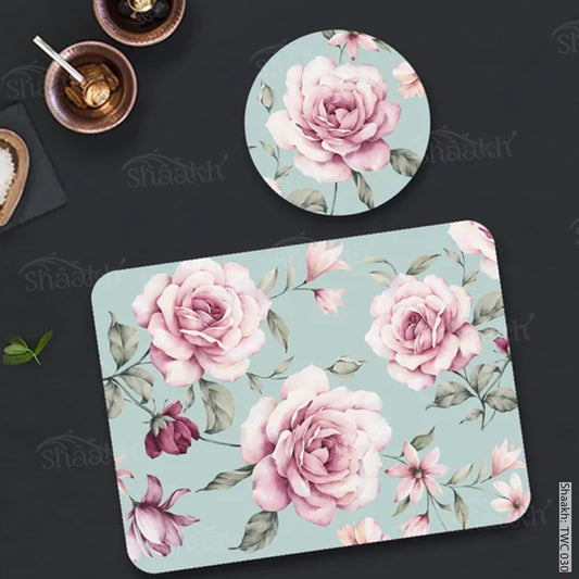 Pale pink roses Coordinated Mats & Trivets Set | TWC 030 (8 Mats, 4 Trivets)