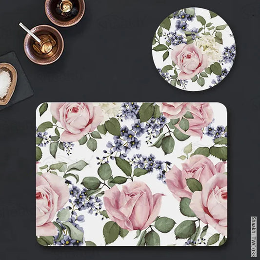 Rose buds and blue flowers Coordinated Mats & Trivets Set | TWC 033 ( 8 Mats, 4 Trivets )