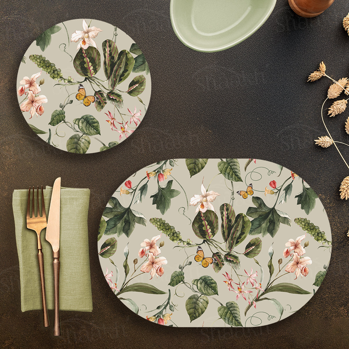 Exotic Tropical Orchids (Green) Coordinated Set — botanical design coordinated dining set by Shaakh, handcrafted in India