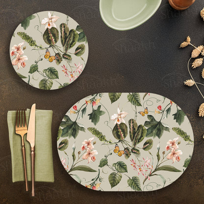 Exotic Tropical Orchids (Green) Coordinated Set — botanical design coordinated dining set by Shaakh, handcrafted in India