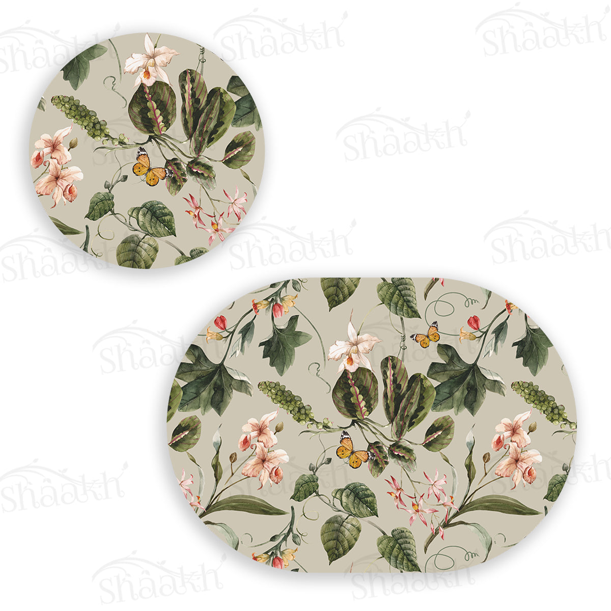 Exotic Tropical Orchids (Green) Coordinated Set — botanical design coordinated dining set by Shaakh, handcrafted in India
