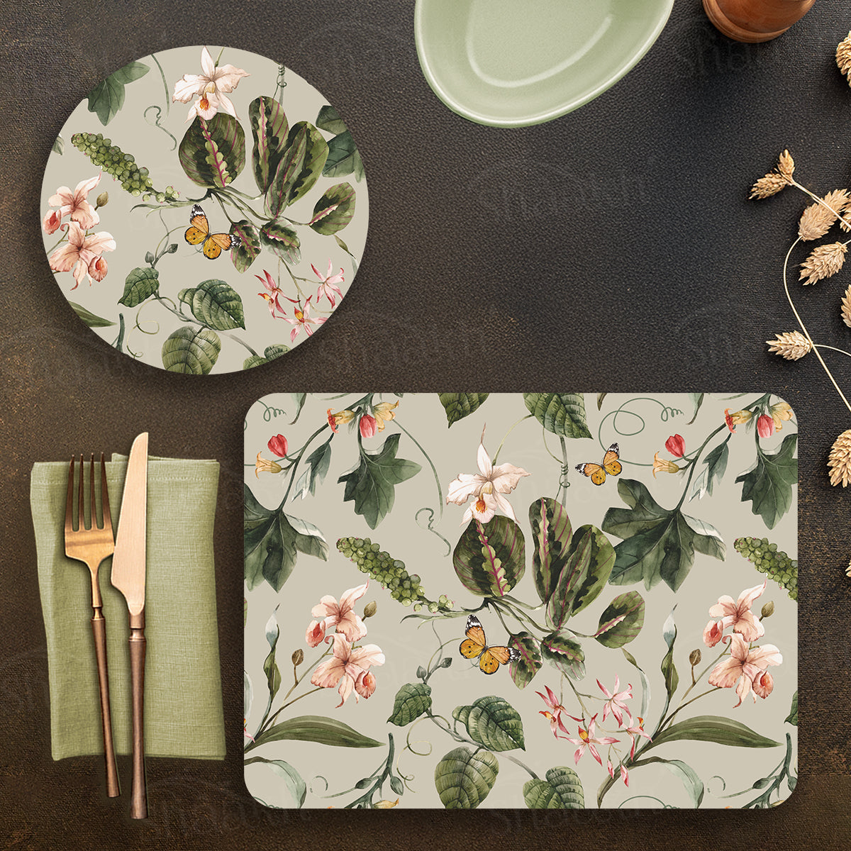 Exotic Tropical Orchids (Green) Coordinated Set — botanical design coordinated dining set by Shaakh, handcrafted in India