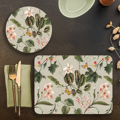 Exotic Tropical Orchids (Green) Coordinated Set — botanical design coordinated dining set by Shaakh, handcrafted in India