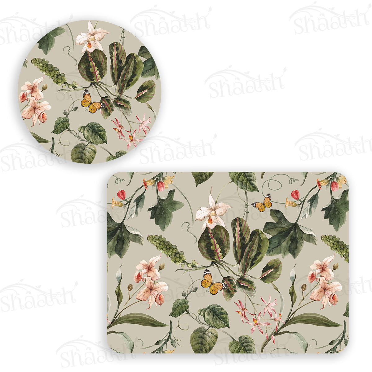 Exotic Tropical Orchids (Green) Coordinated Set — botanical design coordinated dining set by Shaakh, handcrafted in India