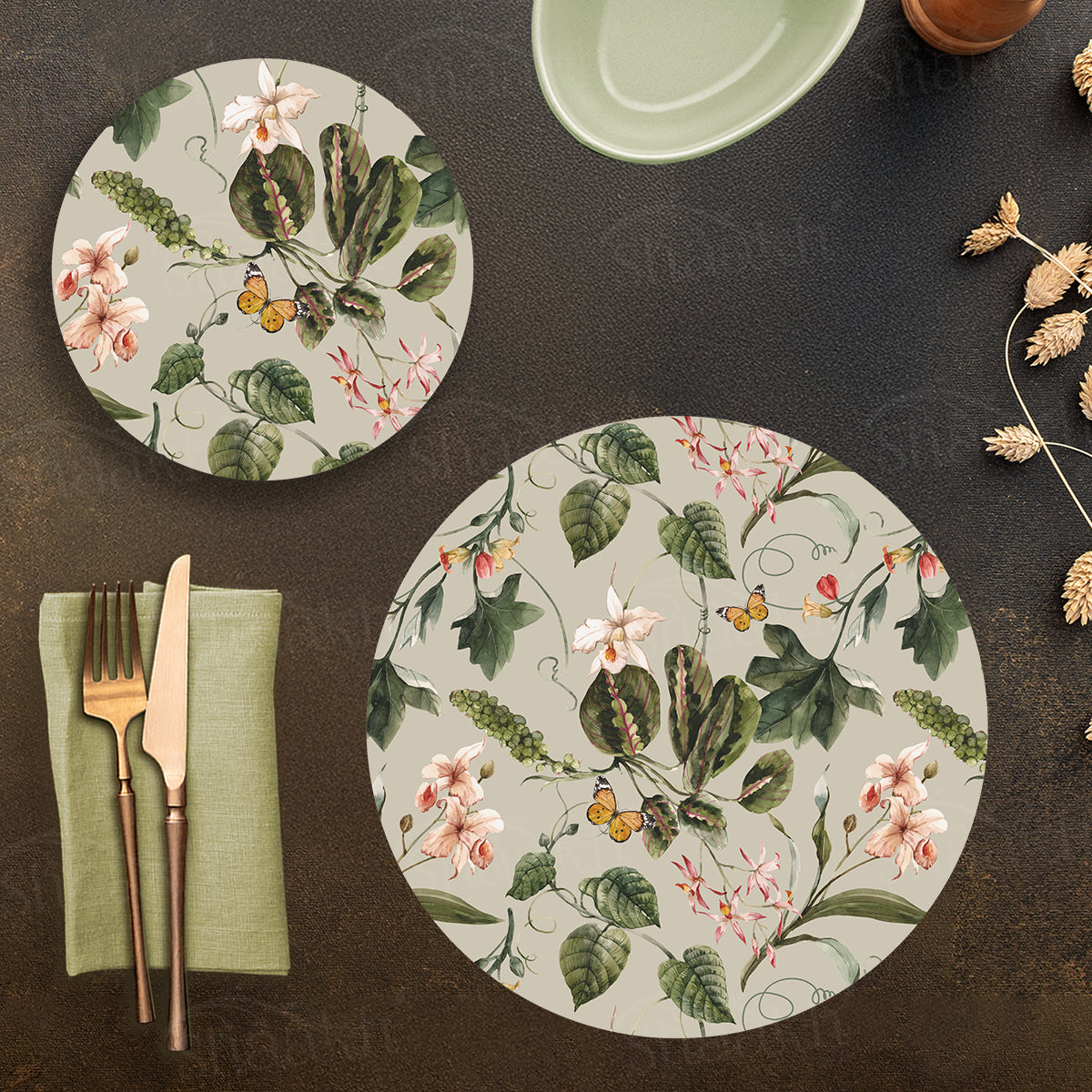 Exotic Tropical Orchids (Green) Coordinated Set — botanical design coordinated dining set by Shaakh, handcrafted in India