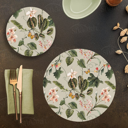 Exotic Tropical Orchids (Green) Coordinated Set — botanical design coordinated dining set by Shaakh, handcrafted in India
