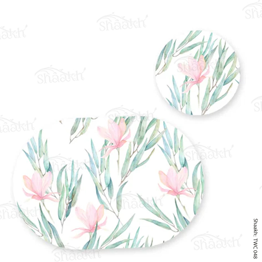 Jasmine flowers and eucalyptus branches Coordinated Mats & Trivets Set | TWC 048 ( 8 Mats, 4 Trivets )