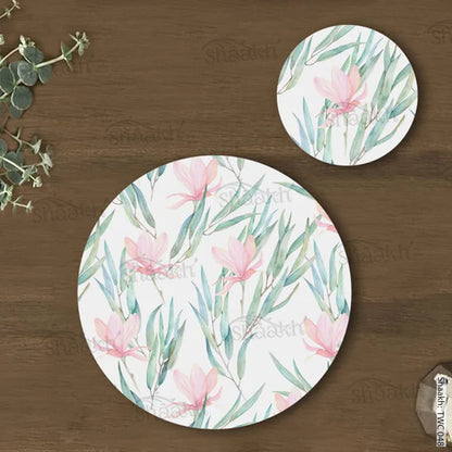 Jasmine flowers and eucalyptus branches Coordinated Mats & Trivets Set | TWC 048 ( 8 Mats, 4 Trivets )