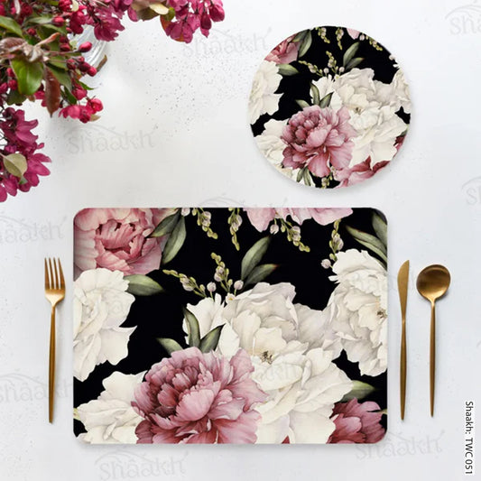 Watercolor Peonies on Dark Background Coordinated Mats & Trivets Set | TWC 051 ( 8 Mats, 4 Trivets )