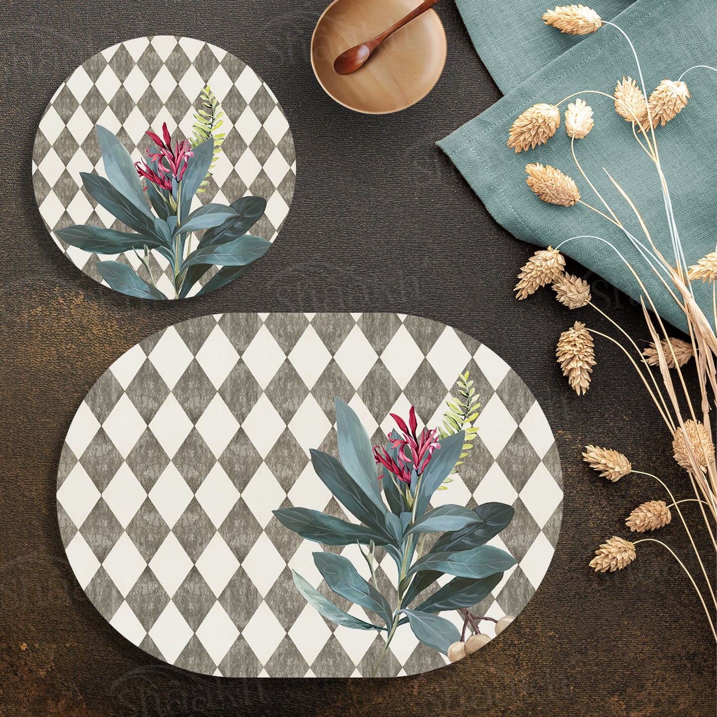 Sage Leaves (Ash Grey) Coordinated Set — botanical design coordinated dining set by Shaakh, handcrafted in India