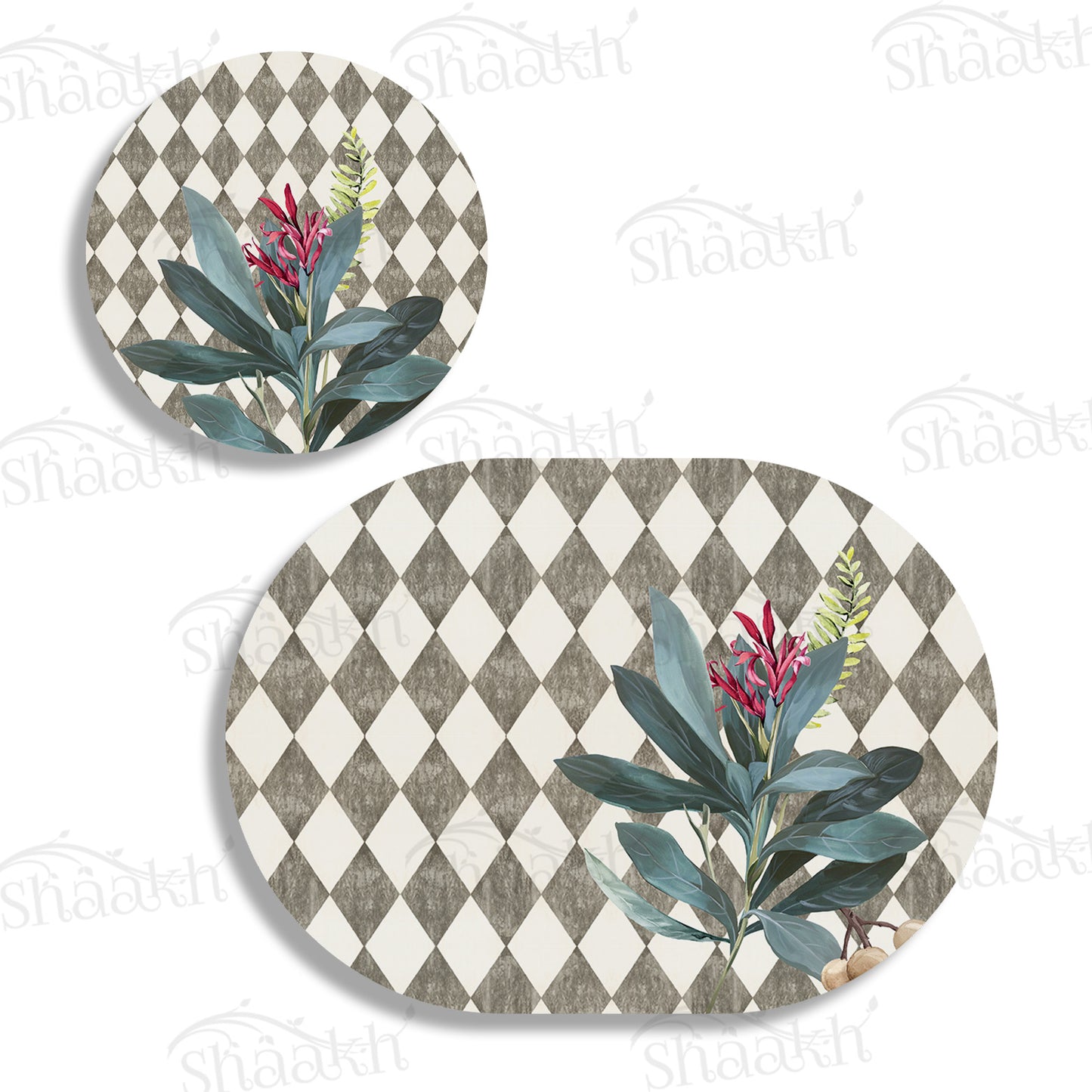 Sage Leaves (Ash Grey) Coordinated Set — botanical design coordinated dining set by Shaakh, handcrafted in India