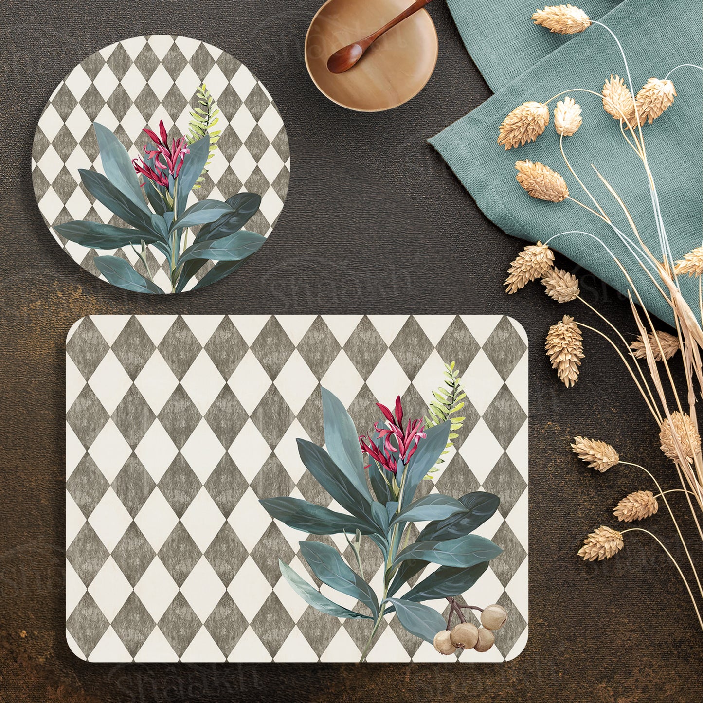 Sage Leaves (Ash Grey) Coordinated Set — botanical design coordinated dining set by Shaakh, handcrafted in India