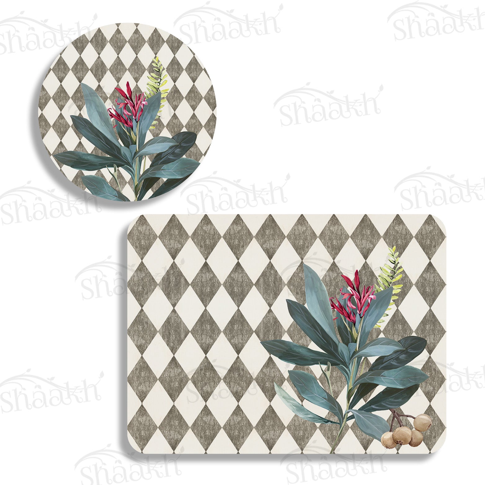 Sage Leaves (Ash Grey) Coordinated Set — botanical design coordinated dining set by Shaakh, handcrafted in India