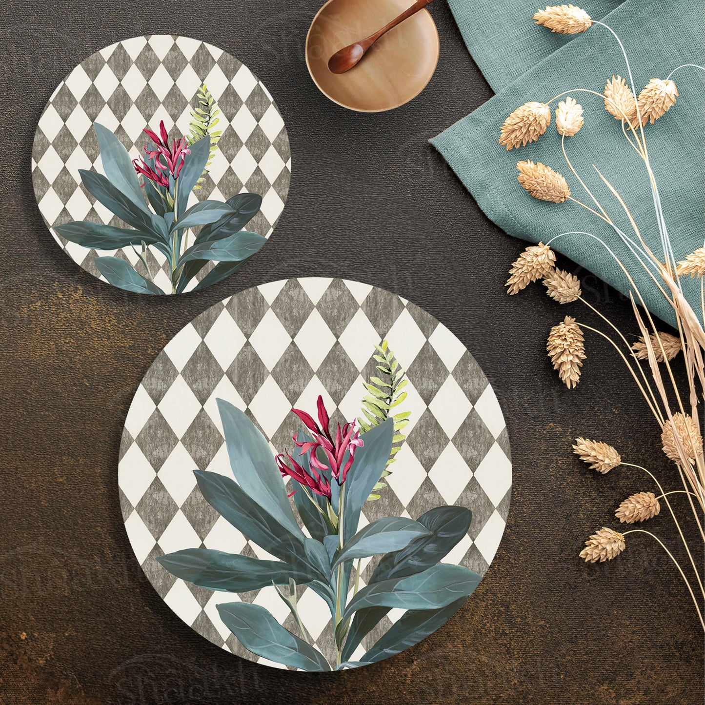 Sage Leaves (Ash Grey) Coordinated Set — botanical design coordinated dining set by Shaakh, handcrafted in India