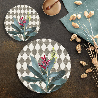 Sage Leaves (Ash Grey) Coordinated Set — botanical design coordinated dining set by Shaakh, handcrafted in India