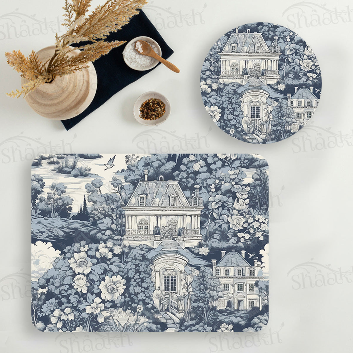 French Toile Coordinated Set — coordinated dining set by Shaakh, handcrafted in India