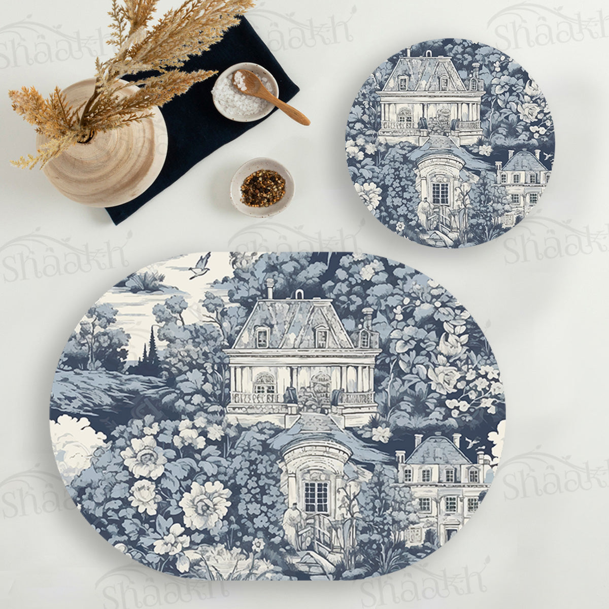 French Toile Coordinated Set — coordinated dining set by Shaakh, handcrafted in India