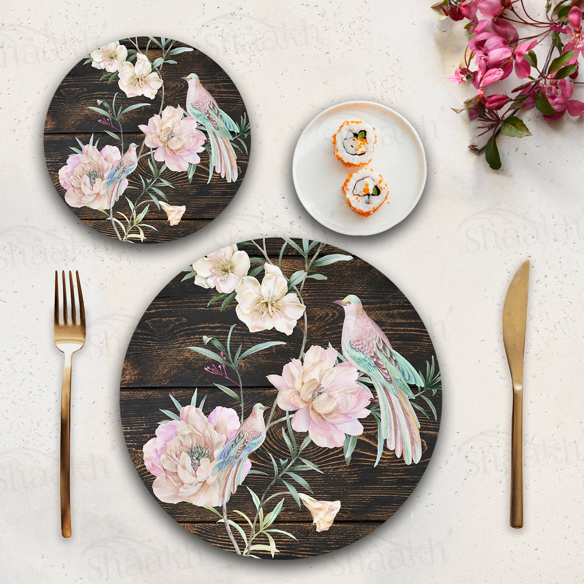 Exotic Birds and Flowers Coordinated Set — coordinated dining set by Shaakh, handcrafted in India