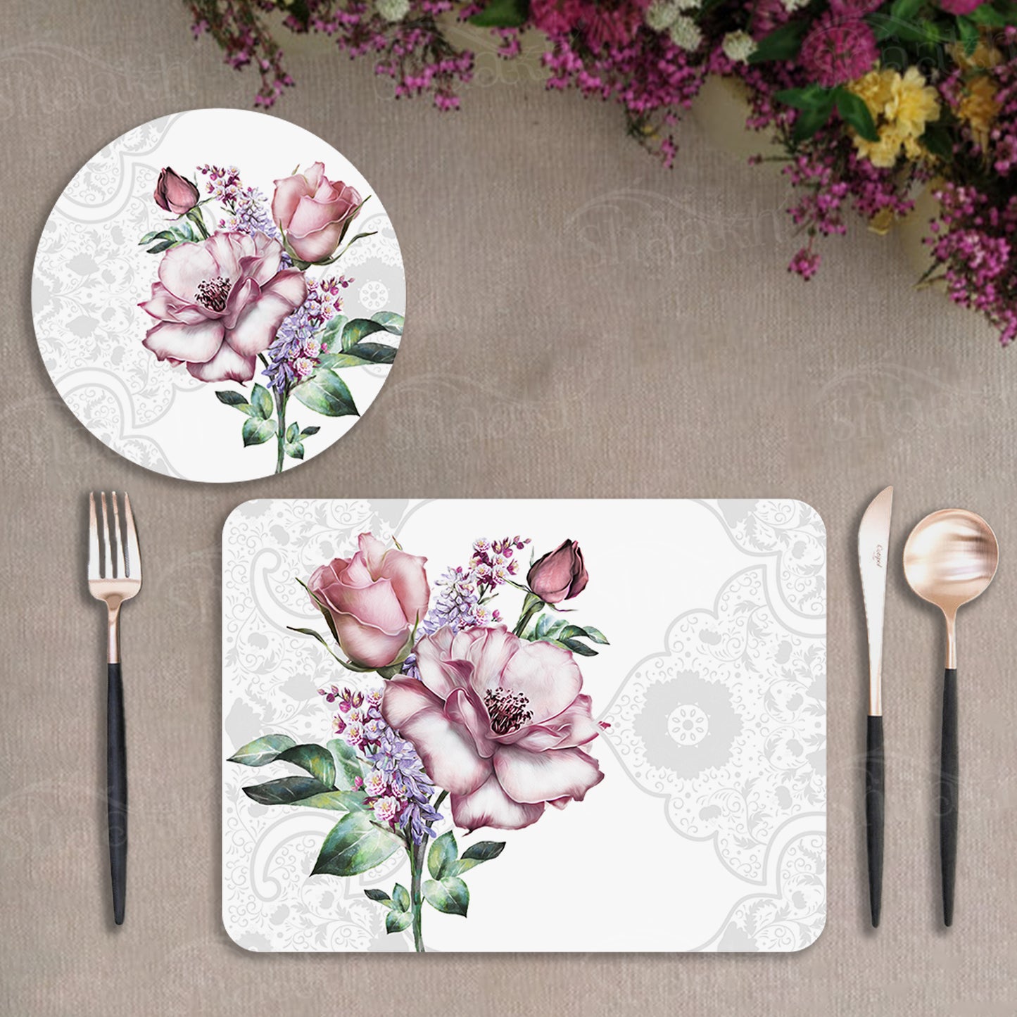 Flowers Bunch Coordinated Set | TWC 087 (8 Mats, 4 Trivets)