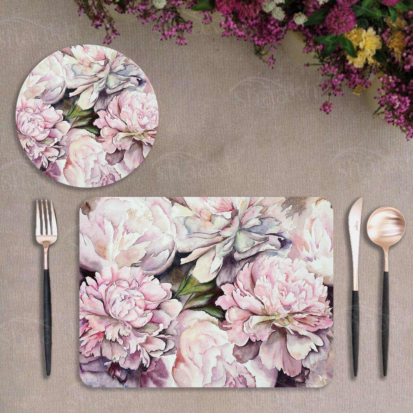 Watercolor Peonies Coordinated Set | TWC 091 ( 8 Mats, 4 Trivets )