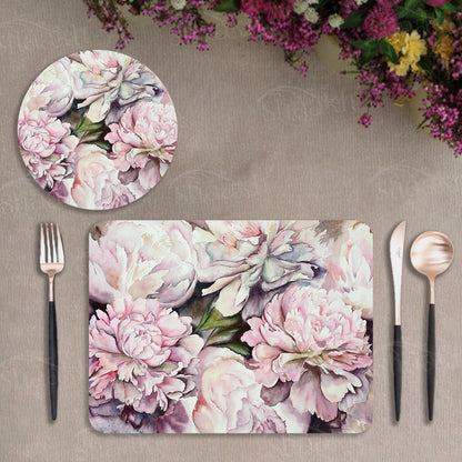 Watercolor Peonies Coordinated Set | TWC 091 ( 8 Mats, 4 Trivets )