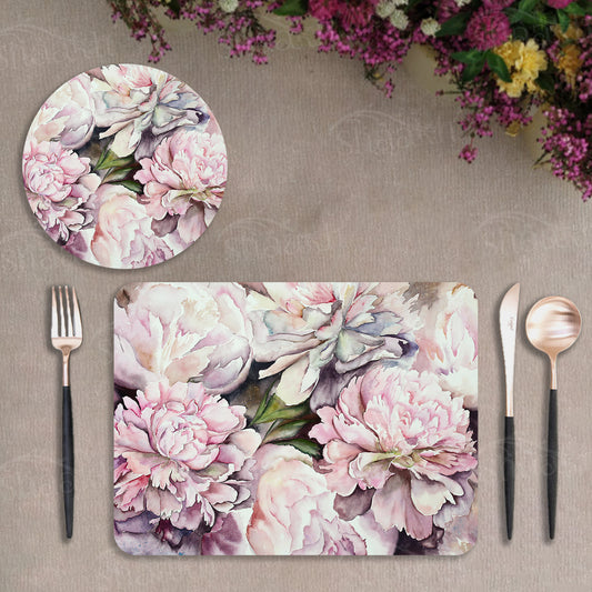 Watercolor Peonies Coordinated Set | TWC 091 ( 8 Mats, 4 Trivets )