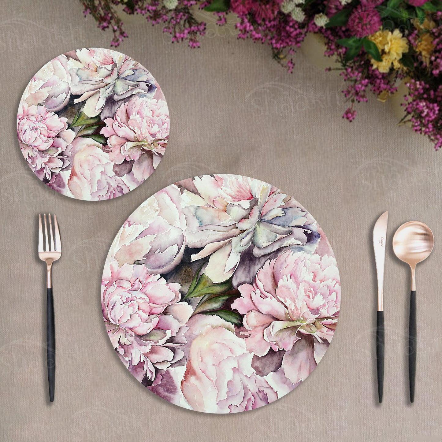 Watercolor Peonies Coordinated Set | TWC 091 ( 8 Mats, 4 Trivets )