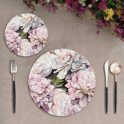 Watercolor Peonies Coordinated Set | TWC 091 ( 8 Mats, 4 Trivets )