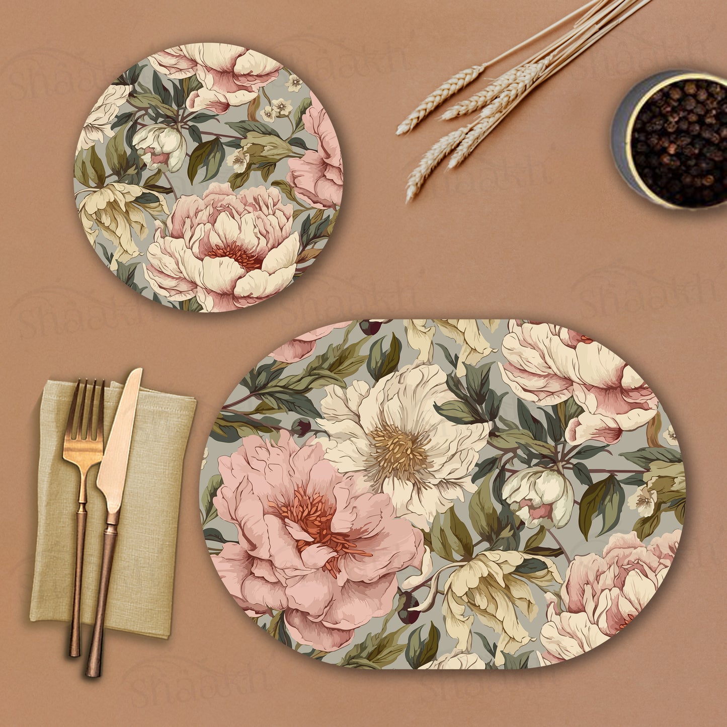 Peonies Elegance Coordinated Set | TWC 094 ( 8 Mats, 4 Trivets )