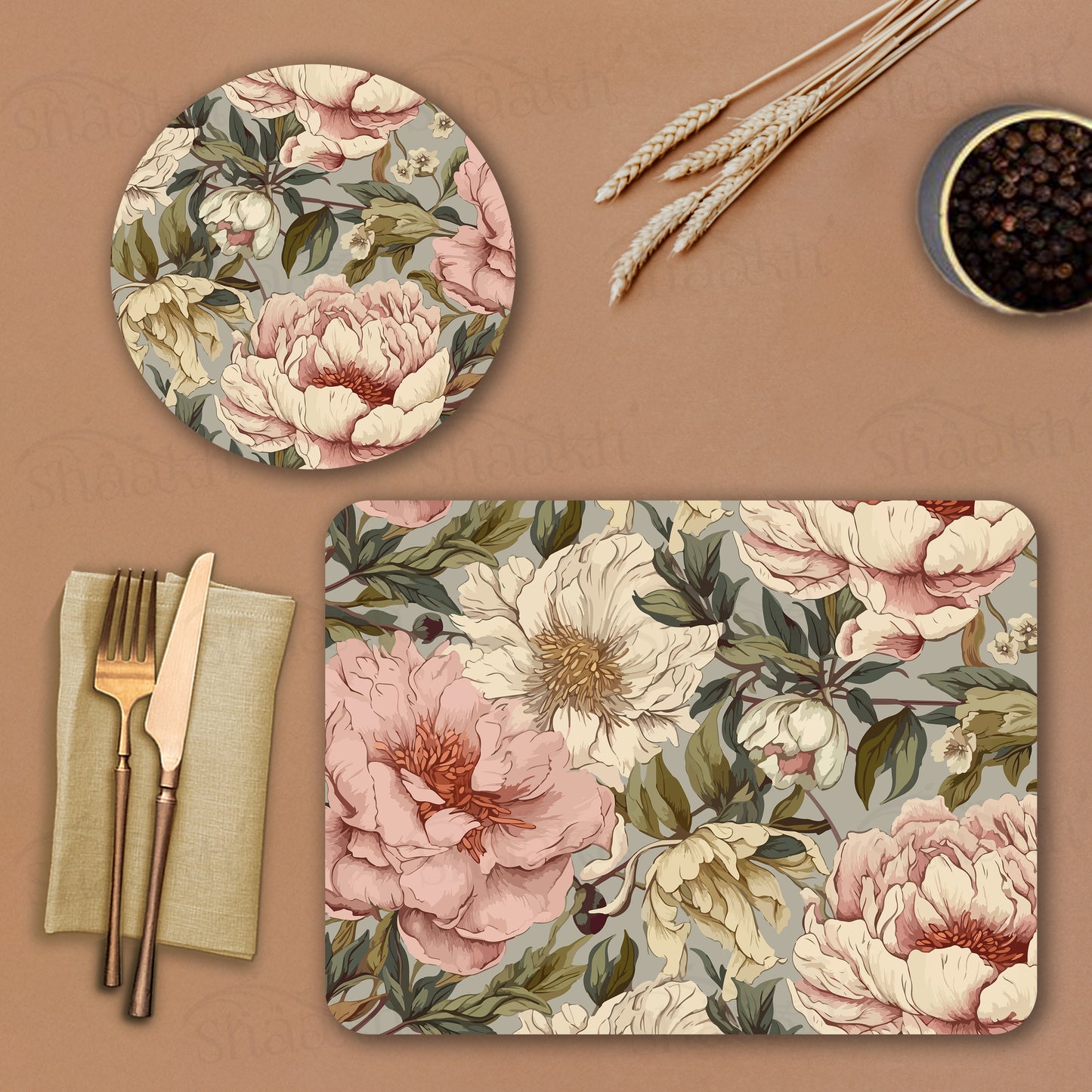Peonies Elegance Coordinated Set | TWC 094 ( 8 Mats, 4 Trivets )
