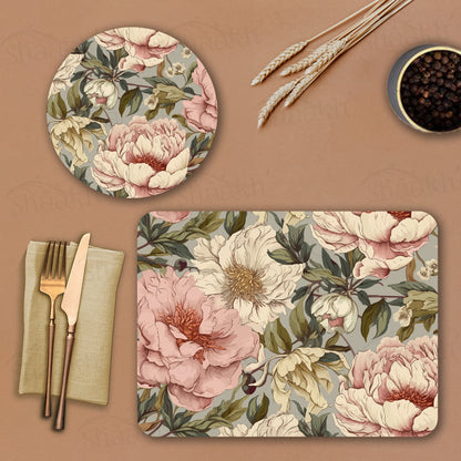Peonies Elegance Coordinated Set | TWC 094 ( 8 Mats, 4 Trivets )
