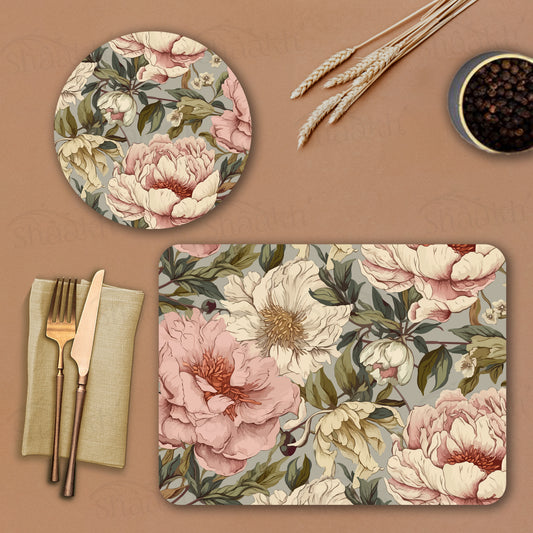 Peonies Elegance Coordinated Set | TWC 094 ( 8 Mats, 4 Trivets )