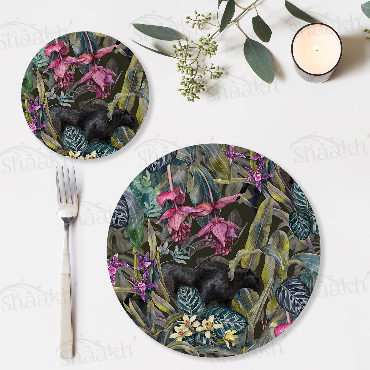 Dramatic Foliage Coordinated Set — botanical design coordinated dining set by Shaakh, handcrafted in India