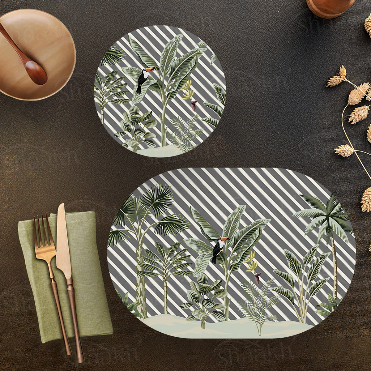 Evergreen Tropical Coordinated Set — botanical design coordinated dining set by Shaakh, handcrafted in India