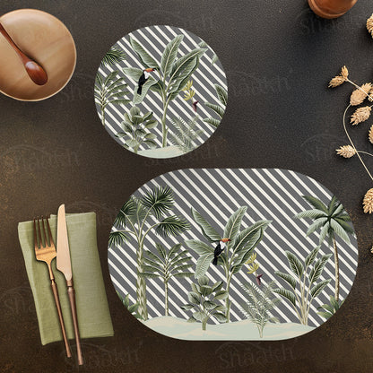 Evergreen Tropical Coordinated Set — botanical design coordinated dining set by Shaakh, handcrafted in India