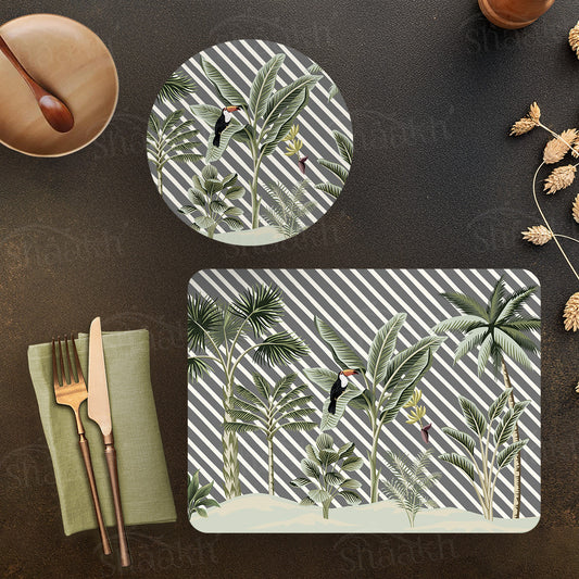 Evergreen Tropical Coordinated Set — botanical design coordinated dining set by Shaakh, handcrafted in India