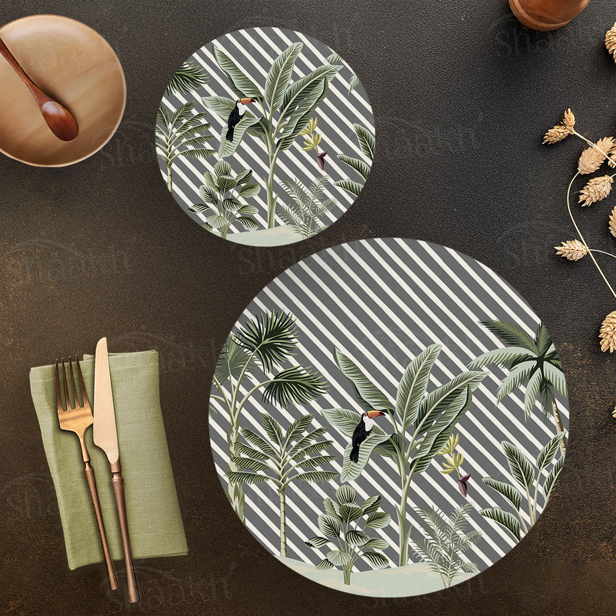 Evergreen Tropical Coordinated Set — botanical design coordinated dining set by Shaakh, handcrafted in India