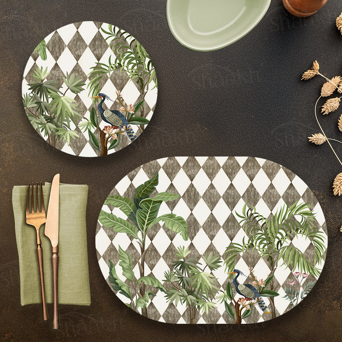 Tropic Jungle on Geometric Design Coordinated Set — abstract design coordinated dining set by Shaakh, handcrafted in India